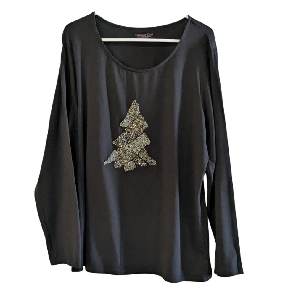 Coldwater Creek Women's Beaded Christmas Tree T-Shirt, Black, Size XL (18)